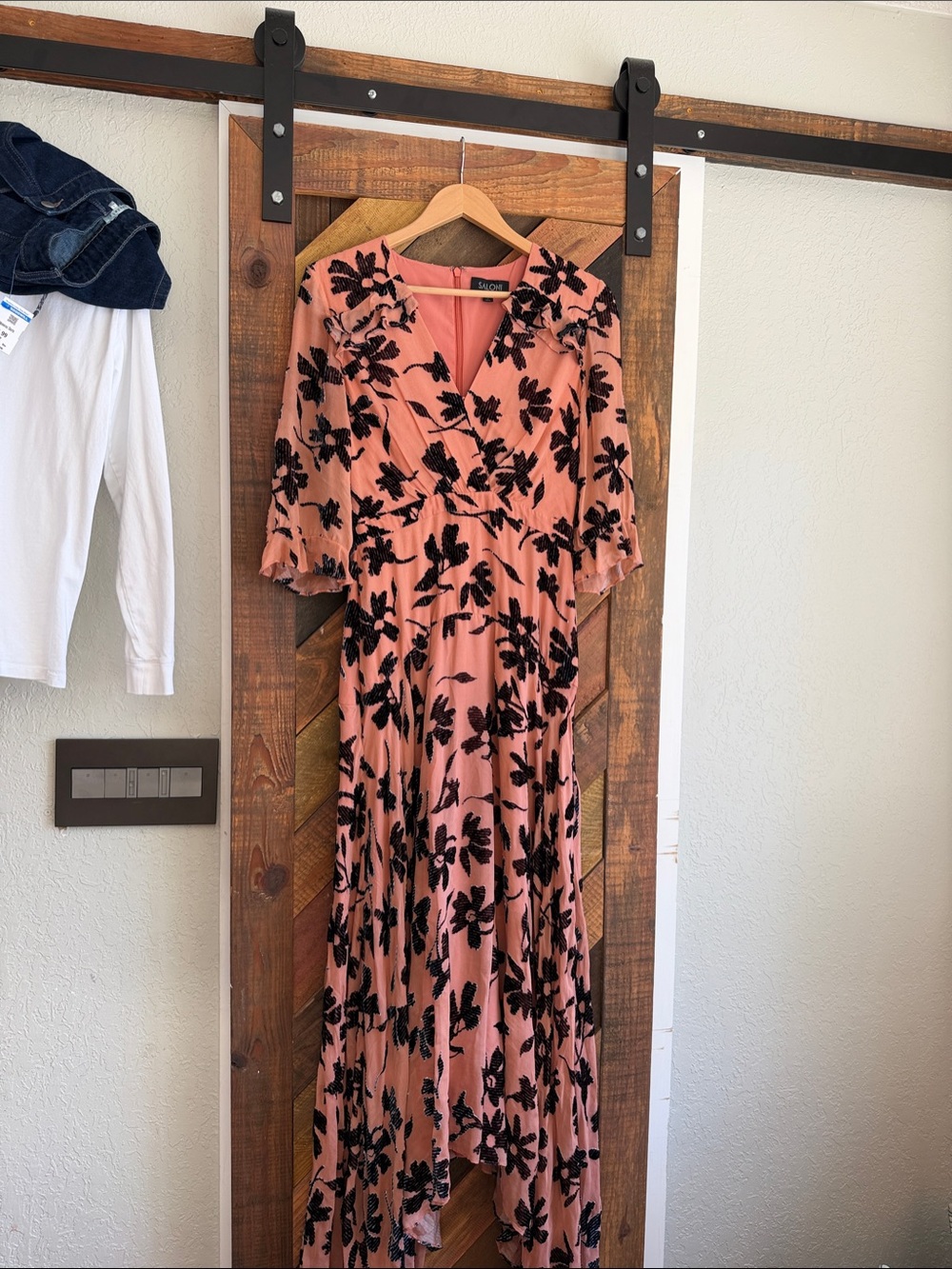 SALONI Dusty Pink edith v neck maxi Dress with Black Floral Velvet Print 10